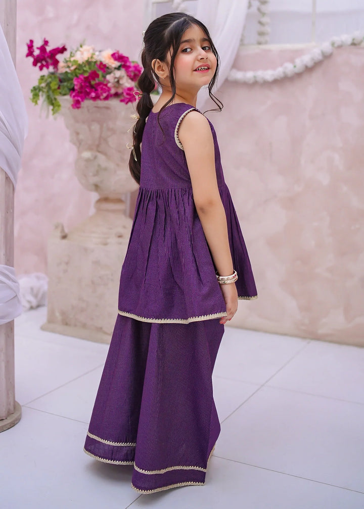 Modest - Maysuri Embroidered Sharara For Girl - Purple - 3 Piece