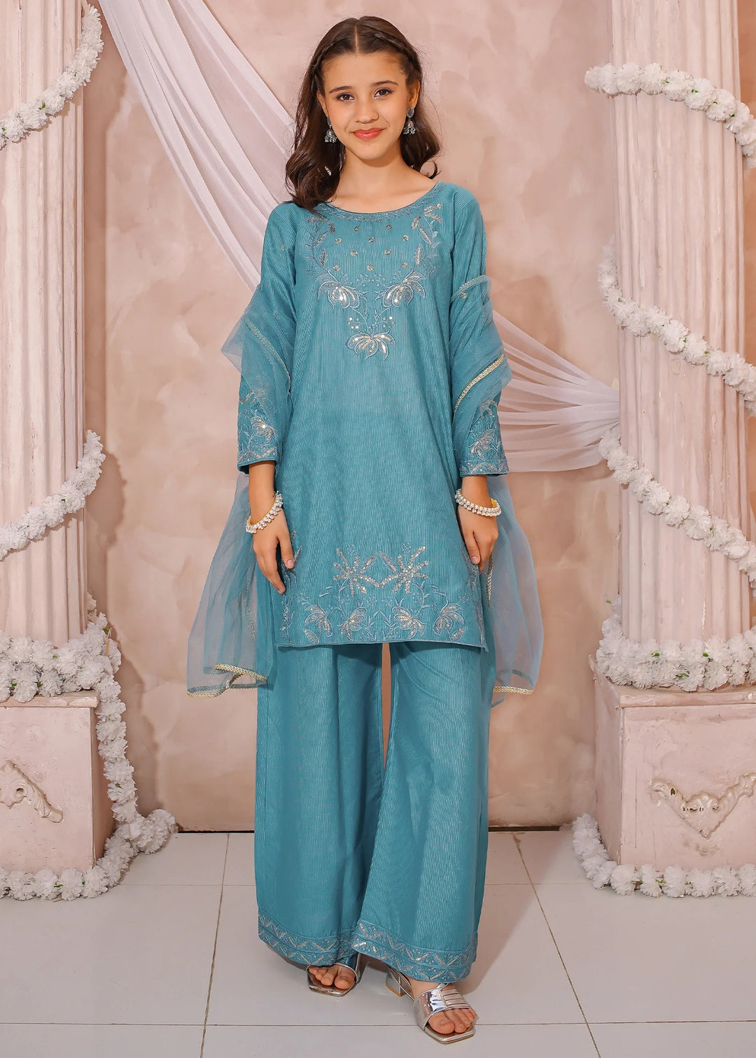 Modest - Maysuri Embroidered Suit For Girl - Blue - 3 Piece