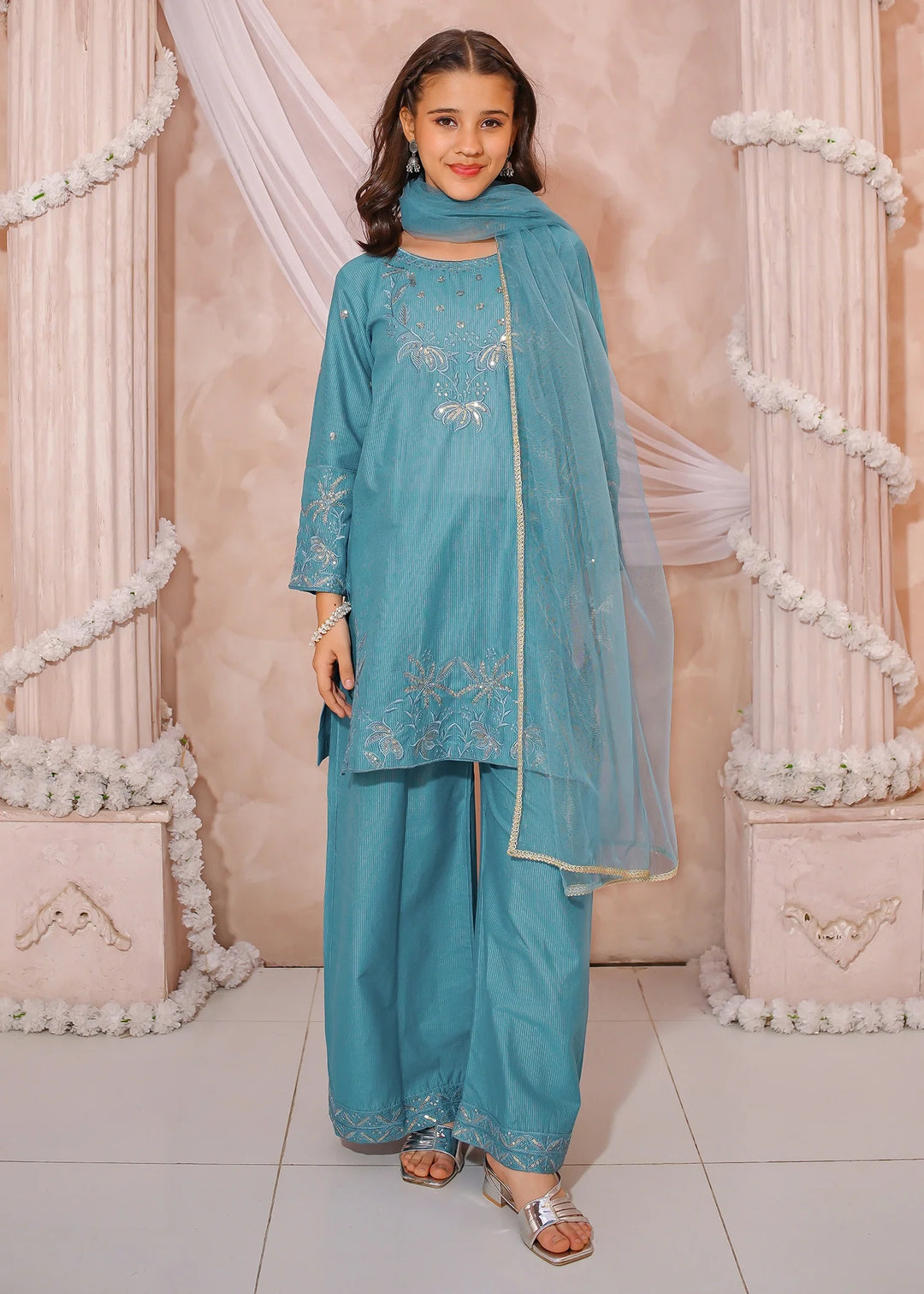 Modest - Maysuri Embroidered Suit For Girl - Blue - 3 Piece