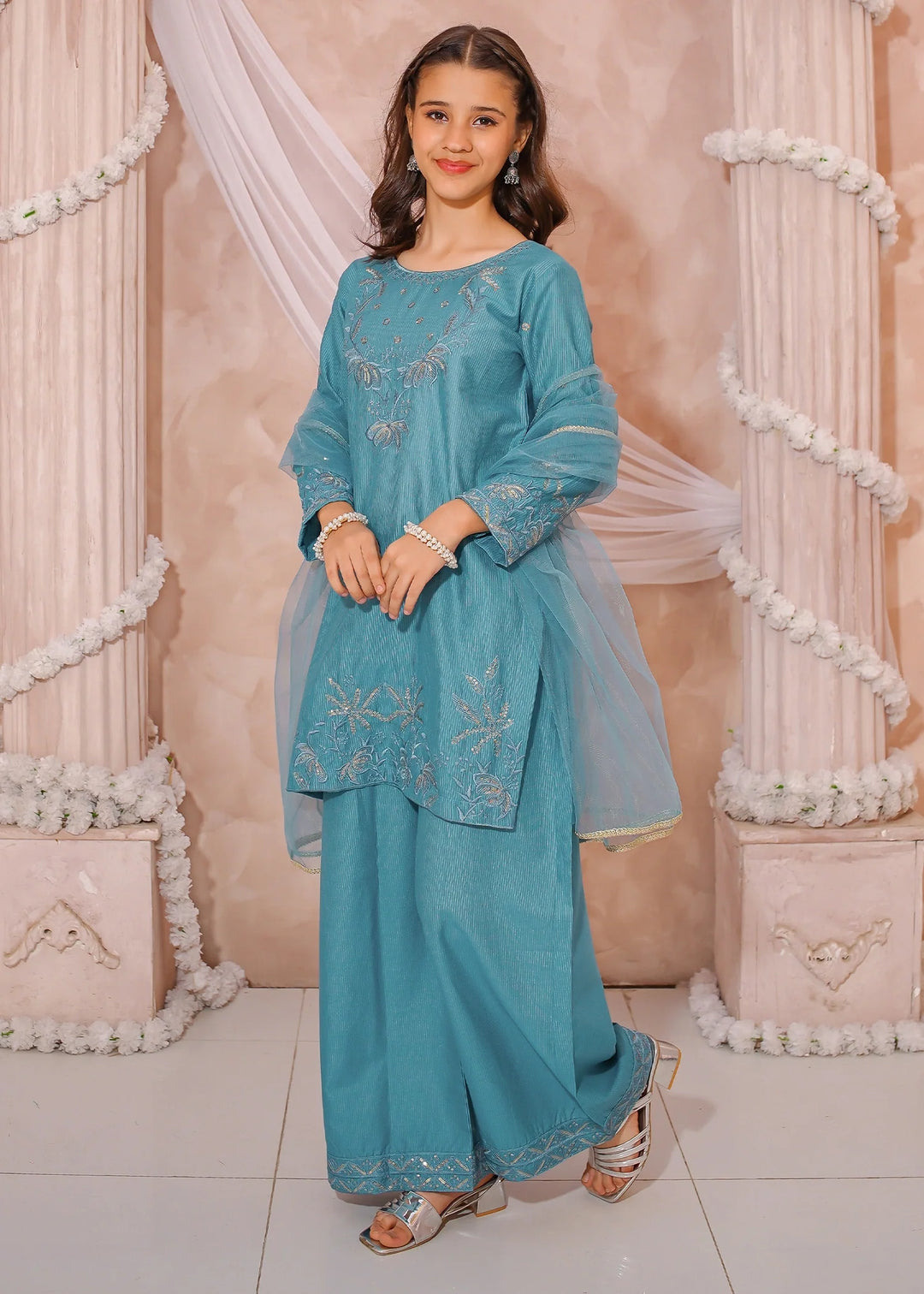 Modest - Maysuri Embroidered Suit For Girl - Blue - 3 Piece