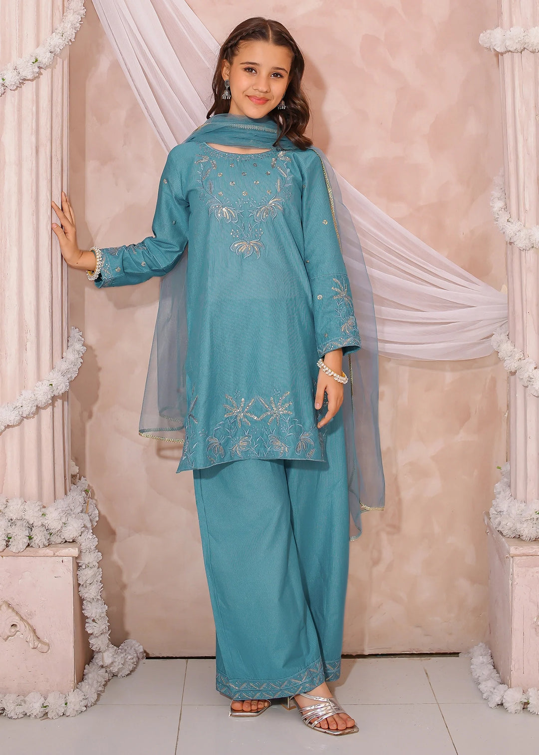 Modest - Maysuri Embroidered Suit For Girl - Blue - 3 Piece