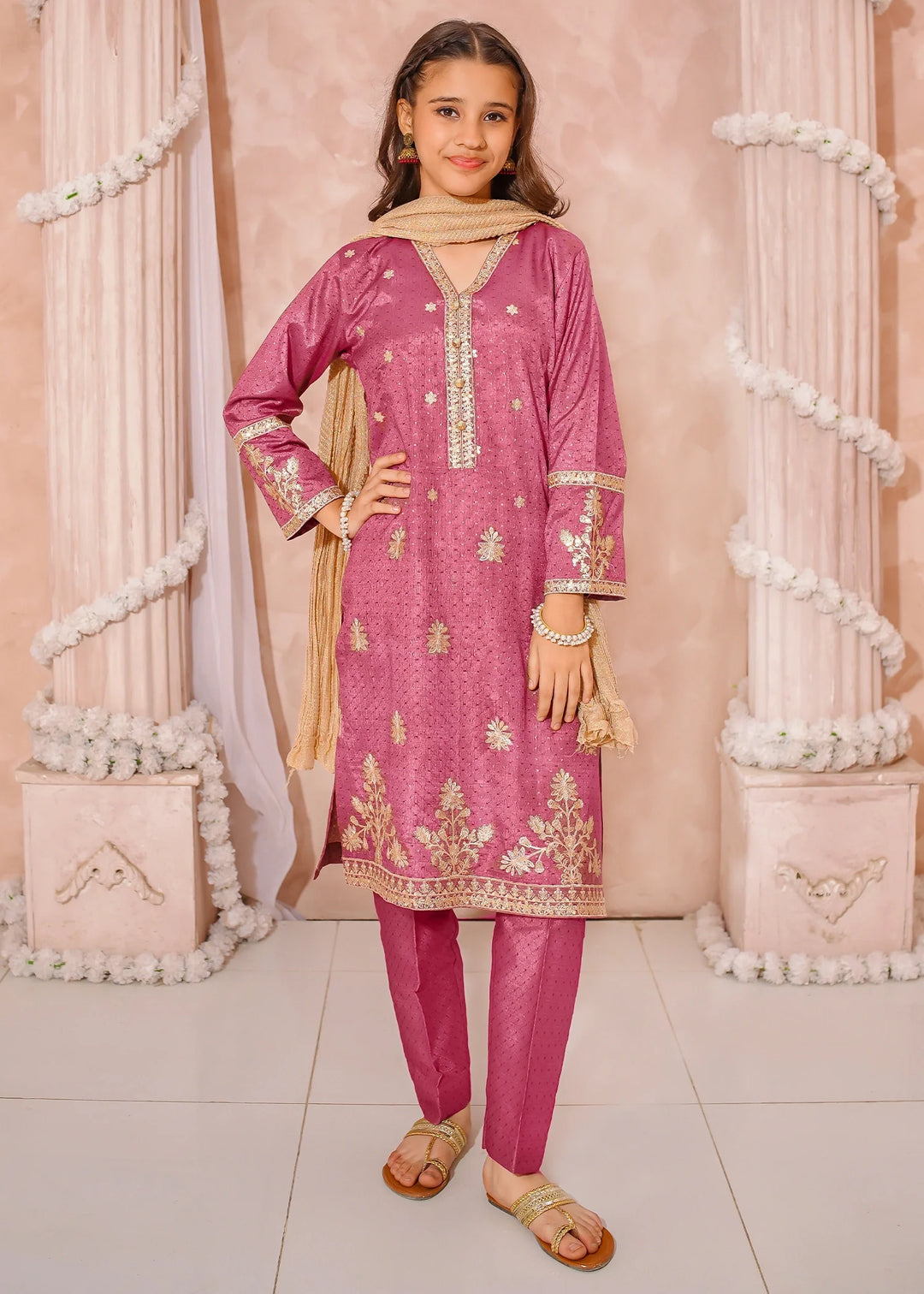 Modest - Maysuri Embroidered Suit For Girl - Maroon - 3 Piece