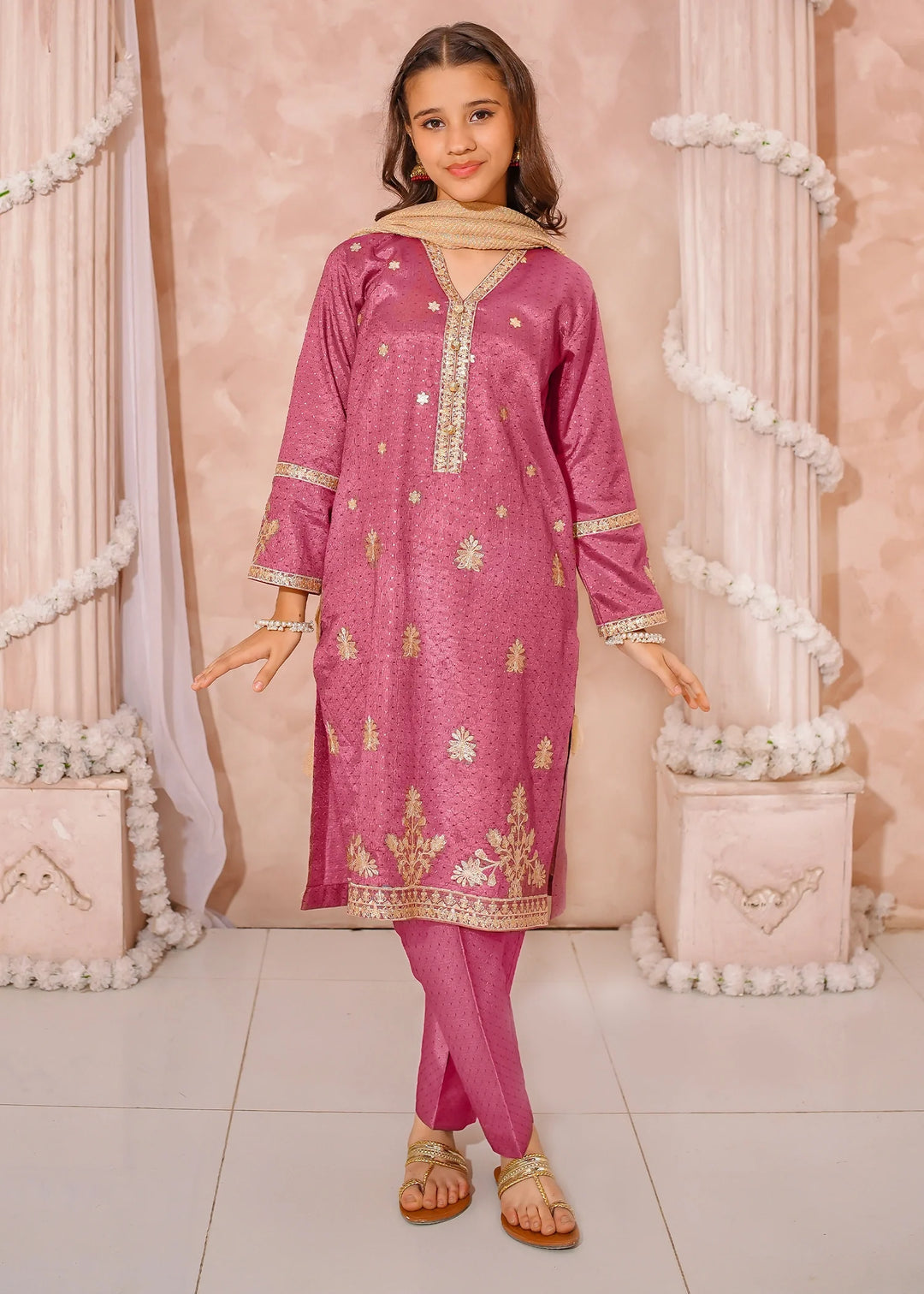 Modest - Maysuri Embroidered Suit For Girl - Maroon - 3 Piece