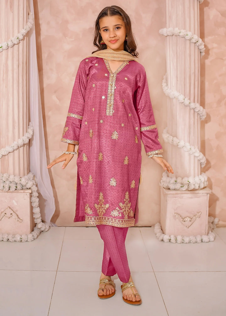 Modest - Maysuri Embroidered Suit For Girl - Maroon - 3 Piece
