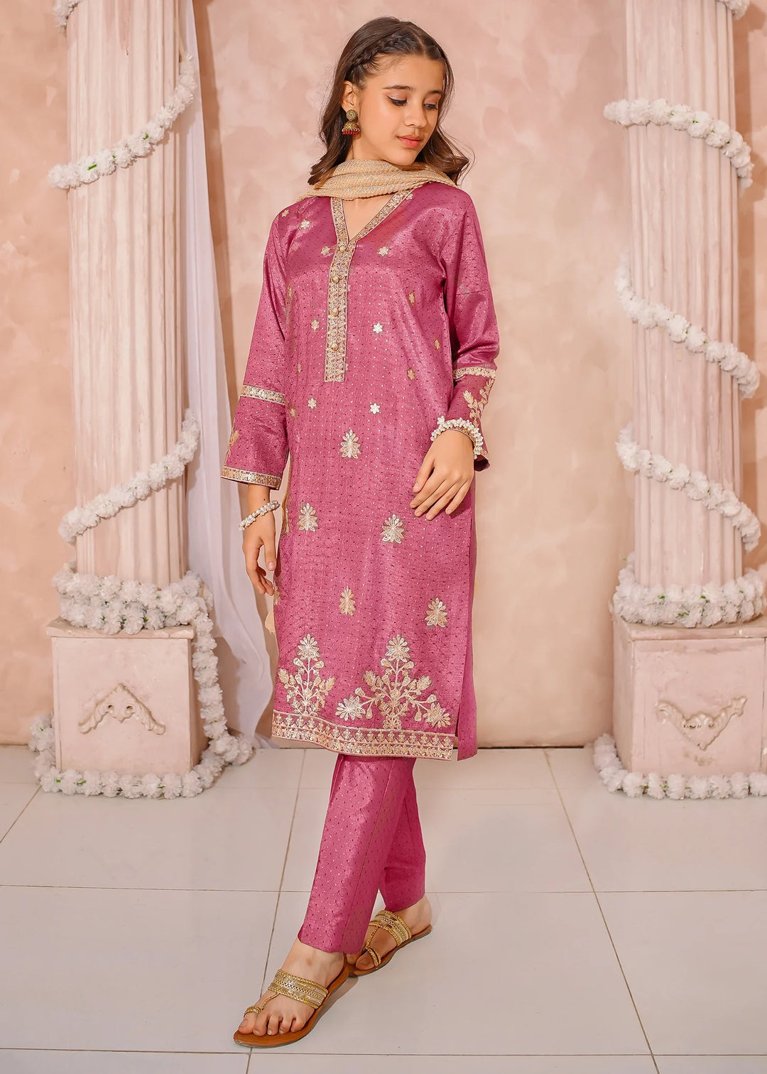 Modest - Maysuri Embroidered Suit For Girl - Maroon - 3 Piece