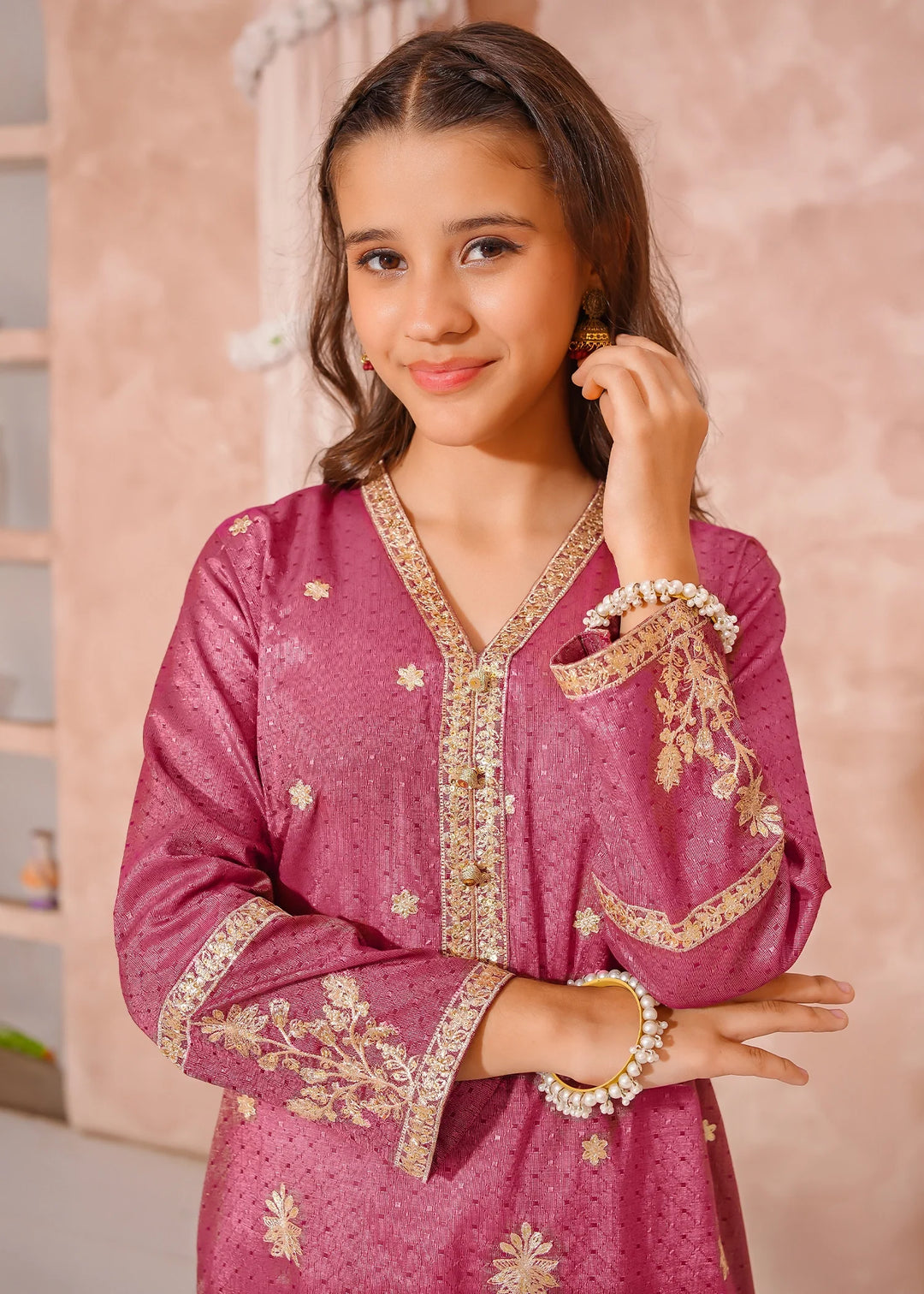 Modest - Maysuri Embroidered Suit For Girl - Maroon - 3 Piece