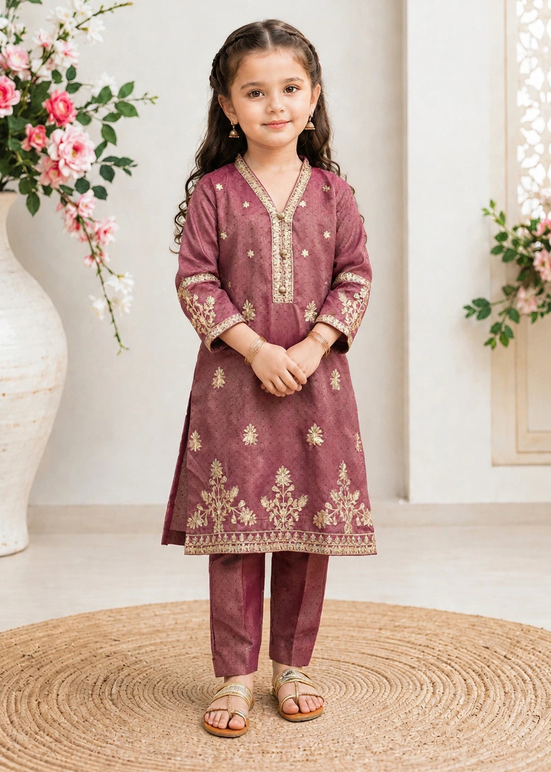 Modest - Maysuri Embroidered Suit For Girl - Maroon - 3 Piece