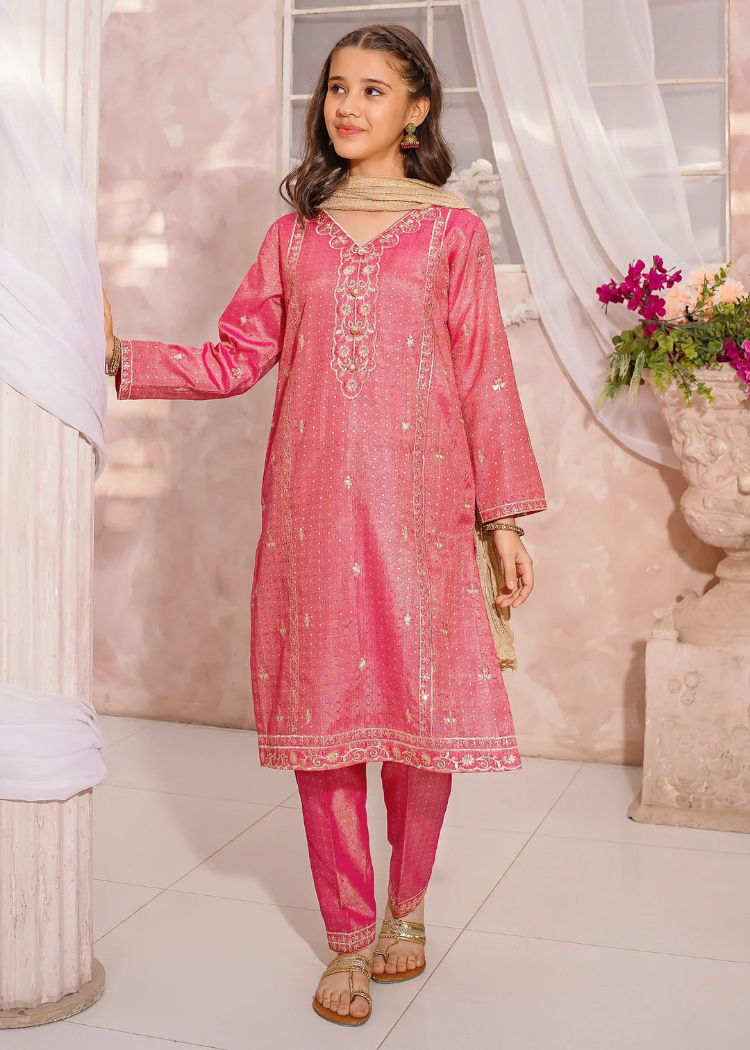 Modest - Maysuri Embroidered Suit For Girl - Pink - 3 Piece