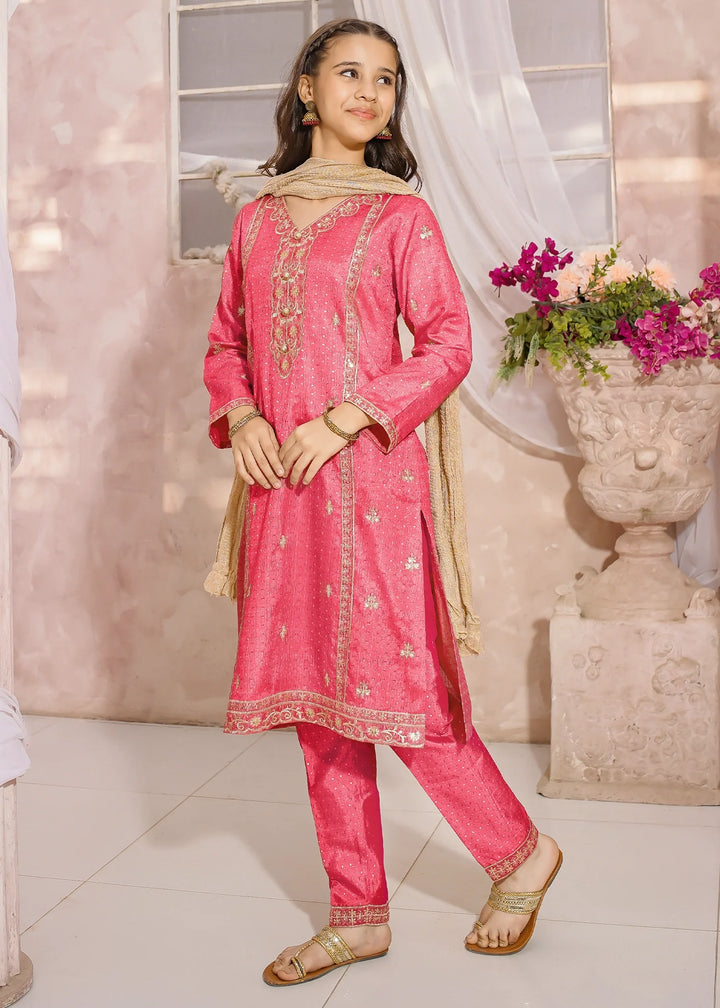 Modest - Maysuri Embroidered Suit For Girl - Pink - 3 Piece