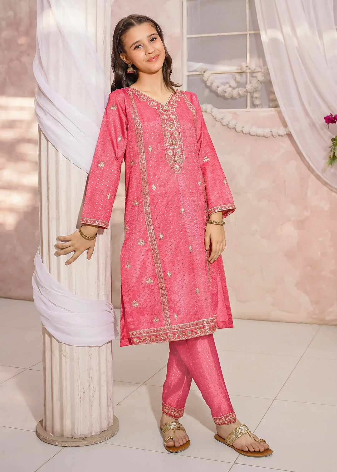 Modest - Maysuri Embroidered Suit For Girl - Pink - 3 Piece
