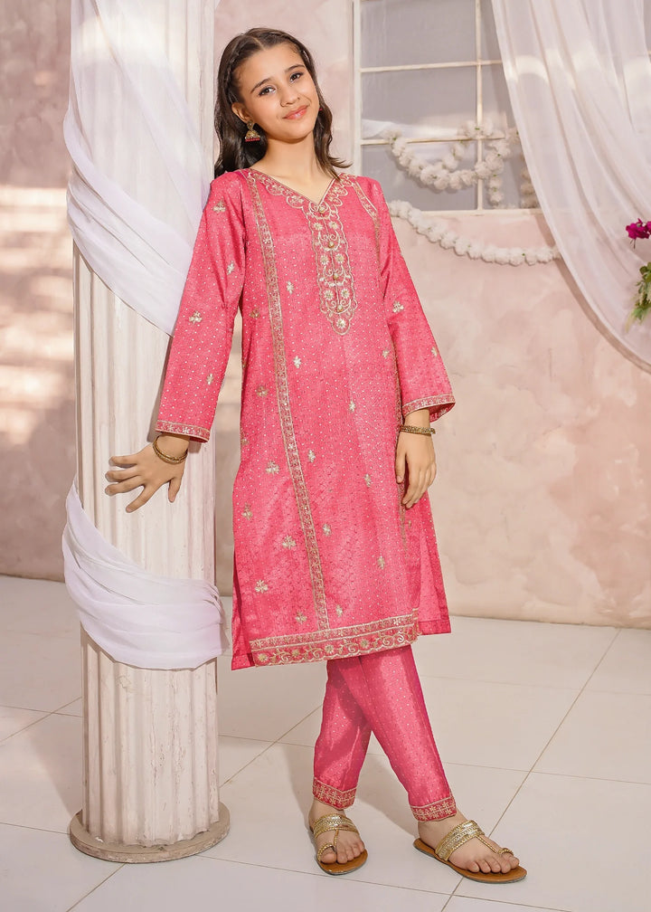 Modest - Maysuri Embroidered Suit For Girl - Pink - 3 Piece