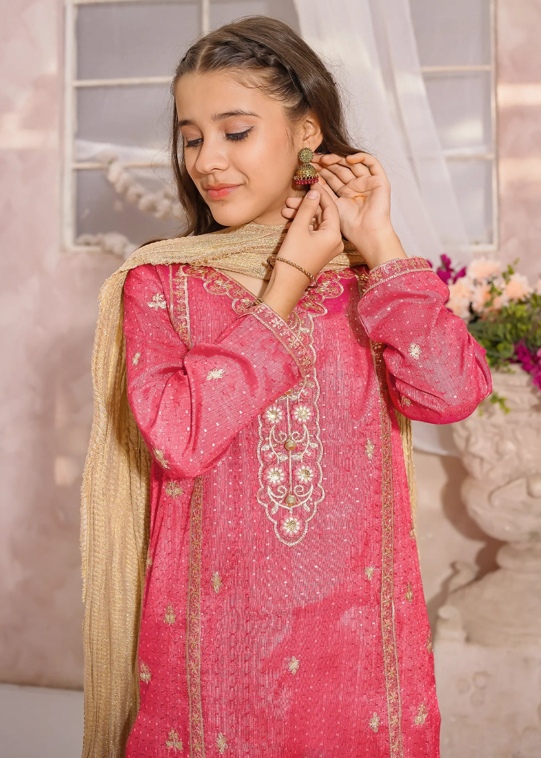 Modest - Maysuri Embroidered Suit For Girl - Pink - 3 Piece