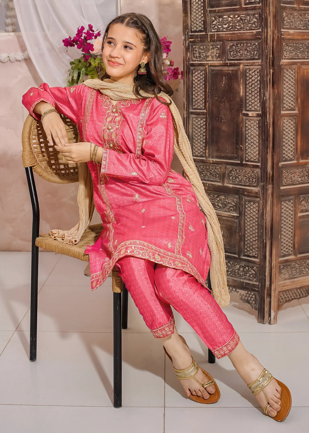 Modest - Maysuri Embroidered Suit For Girl - Pink - 3 Piece