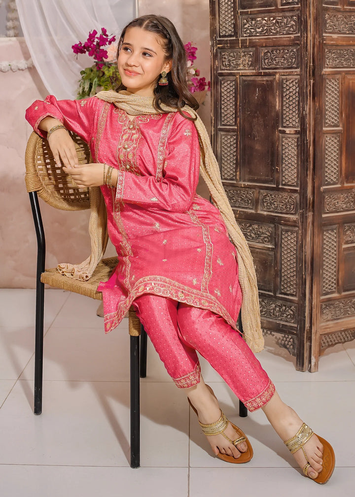 Modest - Maysuri Embroidered Suit For Girl - Pink - 3 Piece
