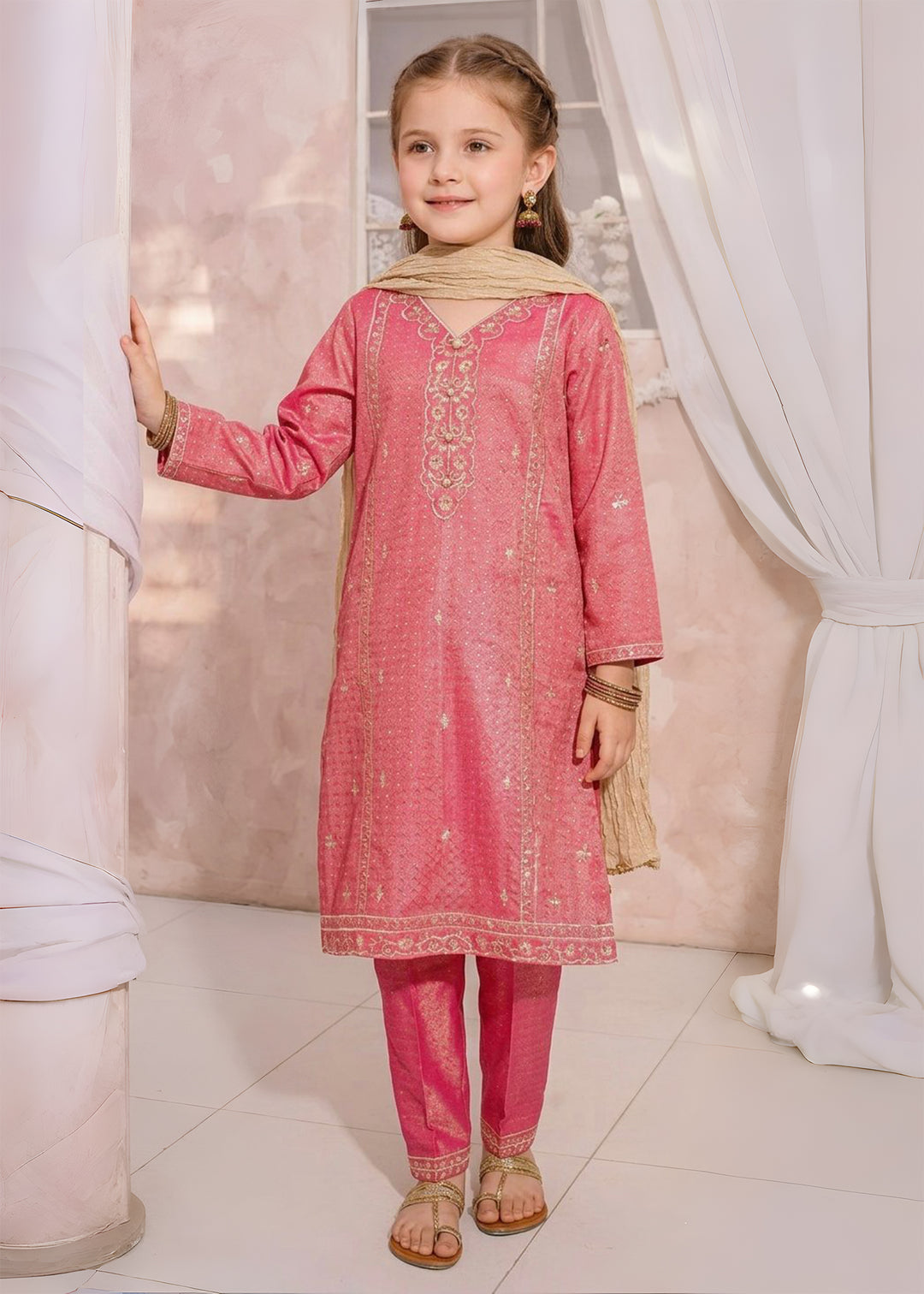 Modest - Maysuri Embroidered Suit For Girl - Pink - 3 Piece