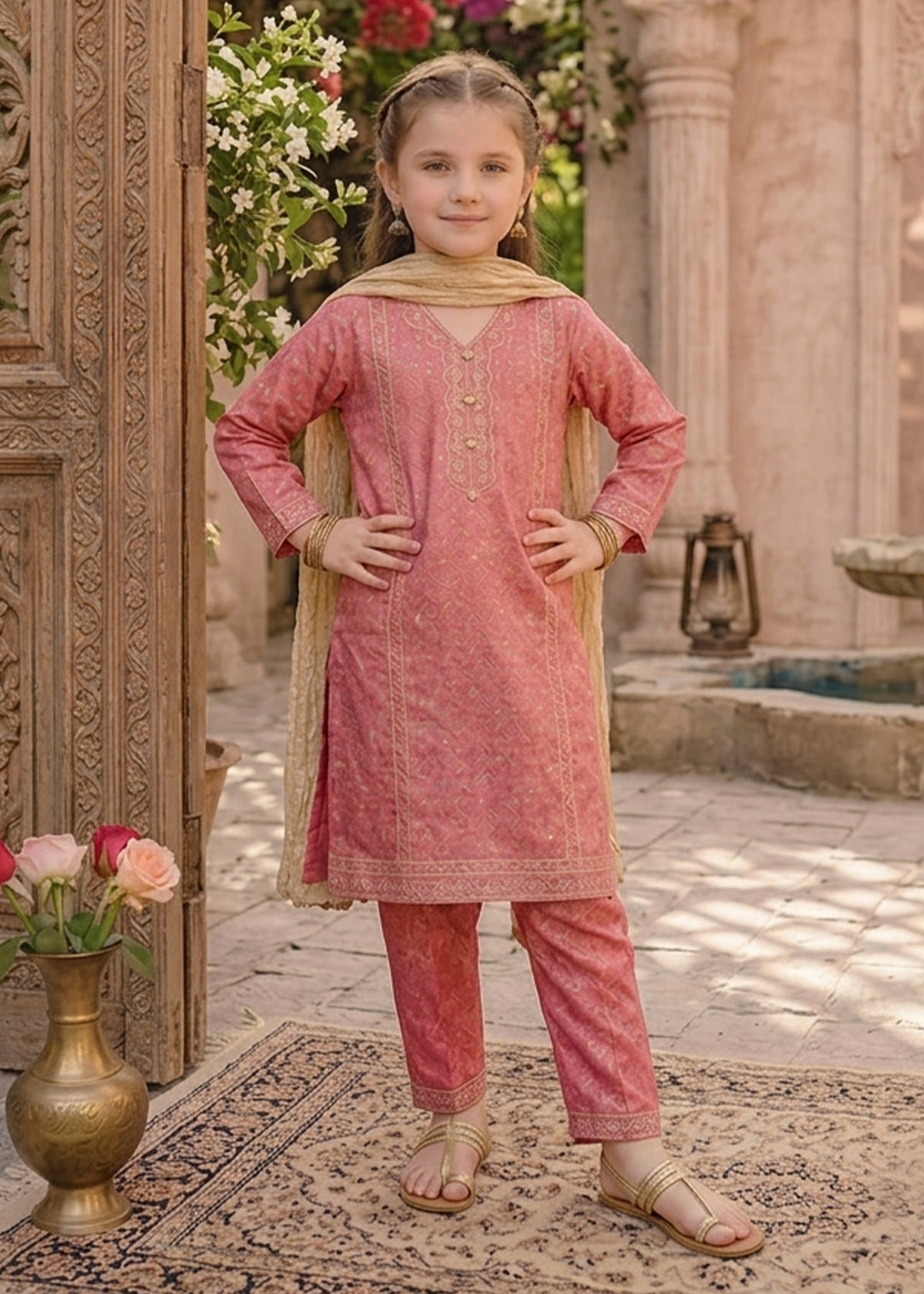 Modest - Maysuri Embroidered Suit For Girl - Pink - 3 Piece