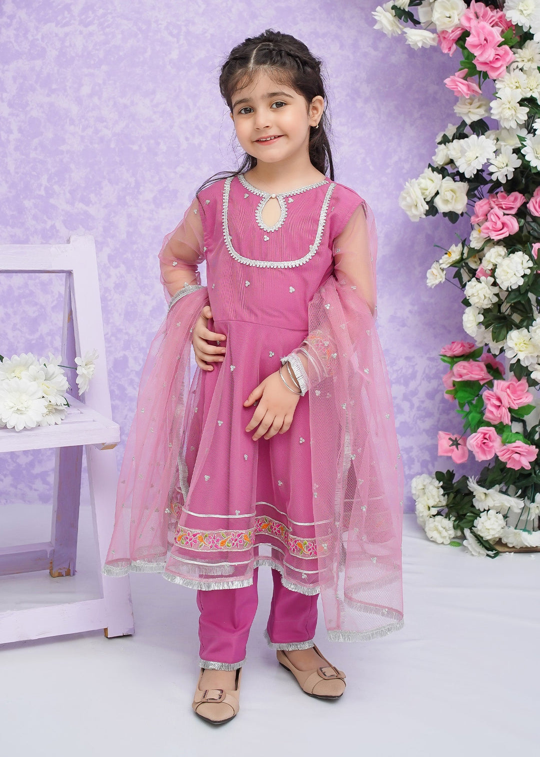 Modest - Net Frock For Girl - Pink - 3 Piece