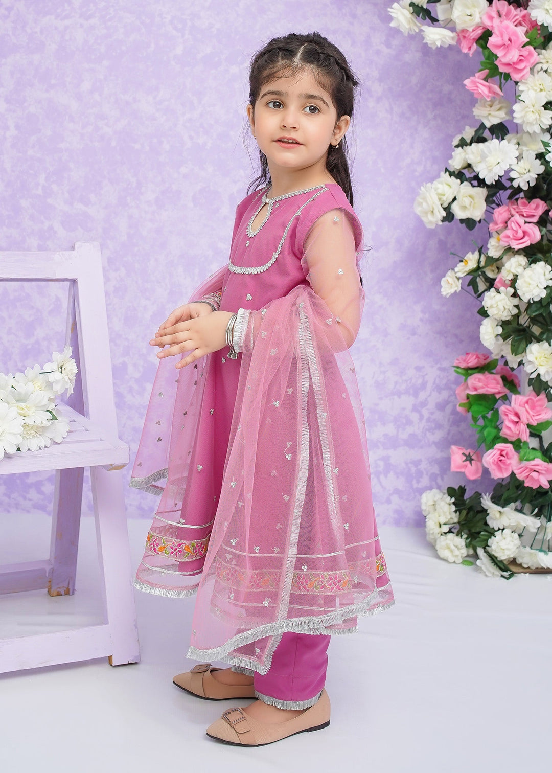 Modest - Net Frock For Girl - Pink - 3 Piece