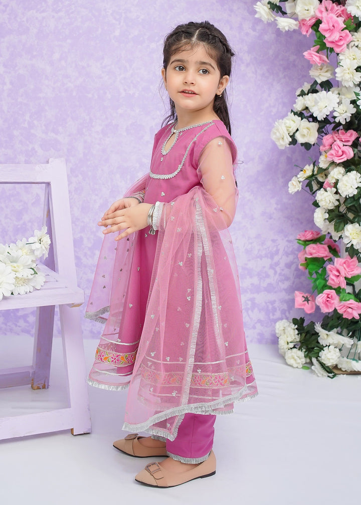 Modest - Net Frock For Girl - Pink - 3 Piece