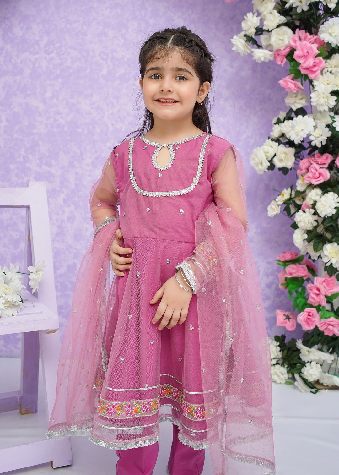 Modest - Net Frock For Girl - Pink - 3 Piece