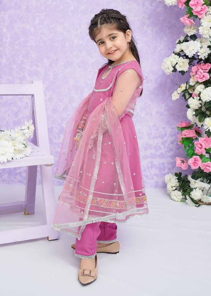 Modest - Net Frock For Girl - Pink - 3 Piece