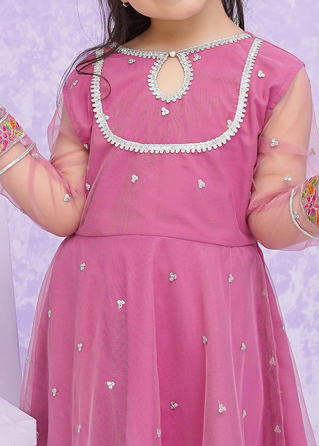 Modest - Net Frock For Girl - Pink - 3 Piece