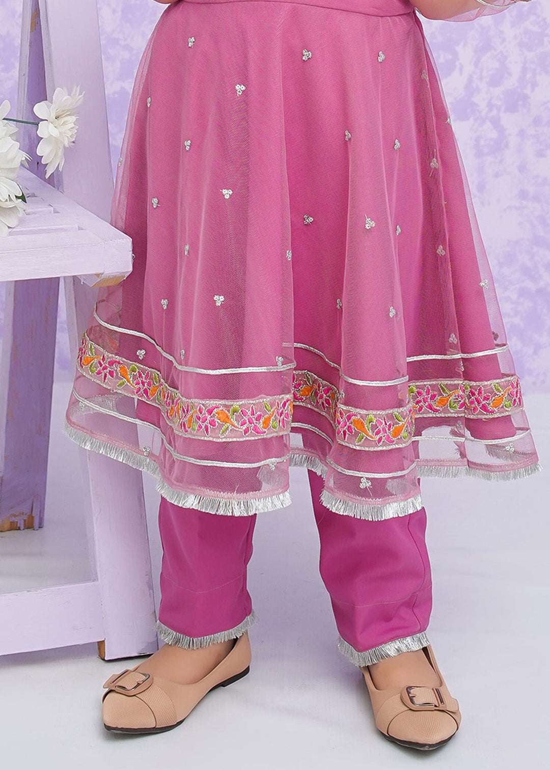 Modest - Net Frock For Girl - Pink - 3 Piece