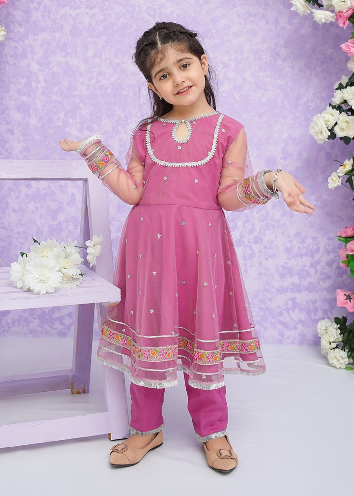 Modest - Net Frock For Girl - Pink - 3 Piece