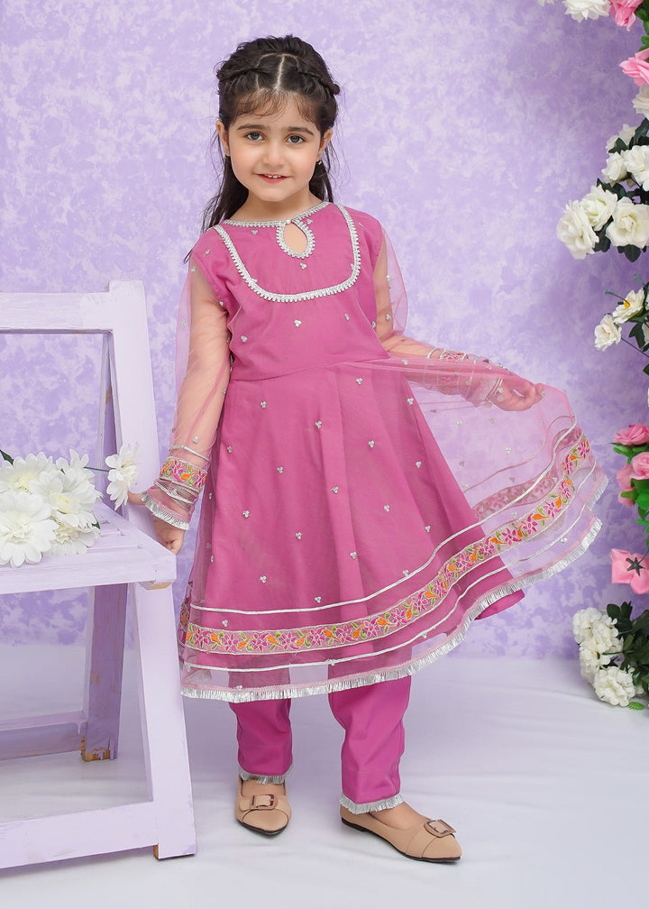 Modest - Net Frock For Girl - Pink - 3 Piece
