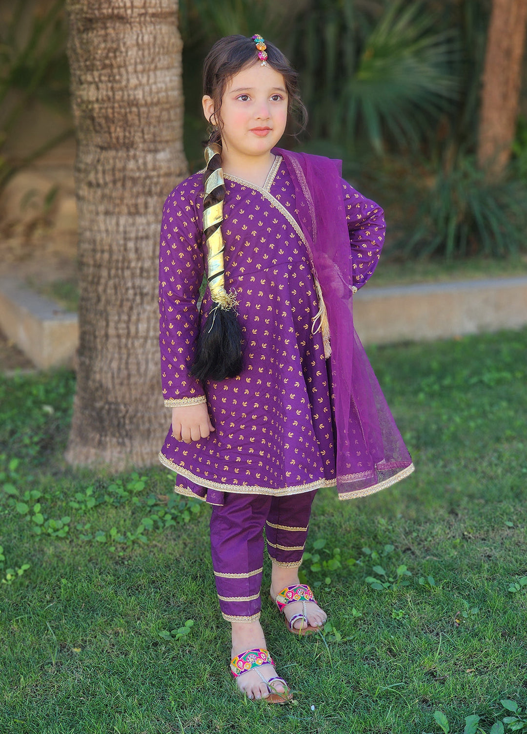 Modest - Printed Cotton Suit For Girl - Purple - 3 Piece