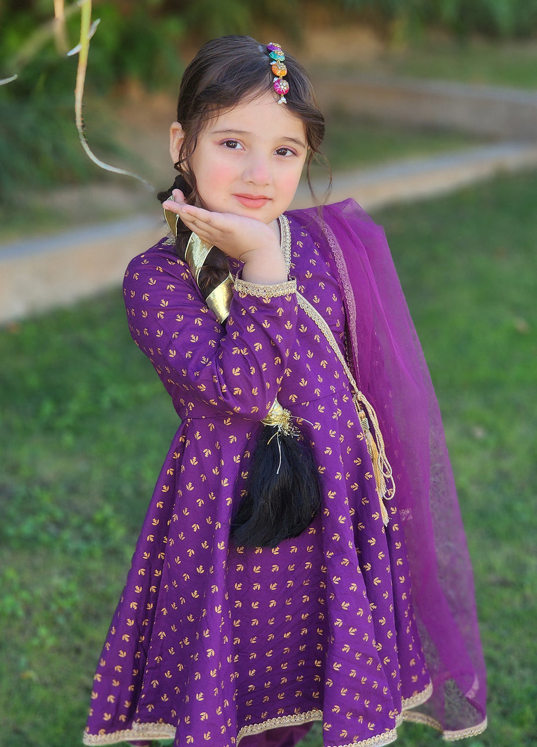 Modest - Printed Cotton Suit For Girl - Purple - 3 Piece