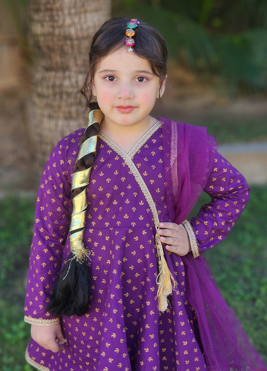 Modest - Printed Cotton Suit For Girl - Purple - 3 Piece