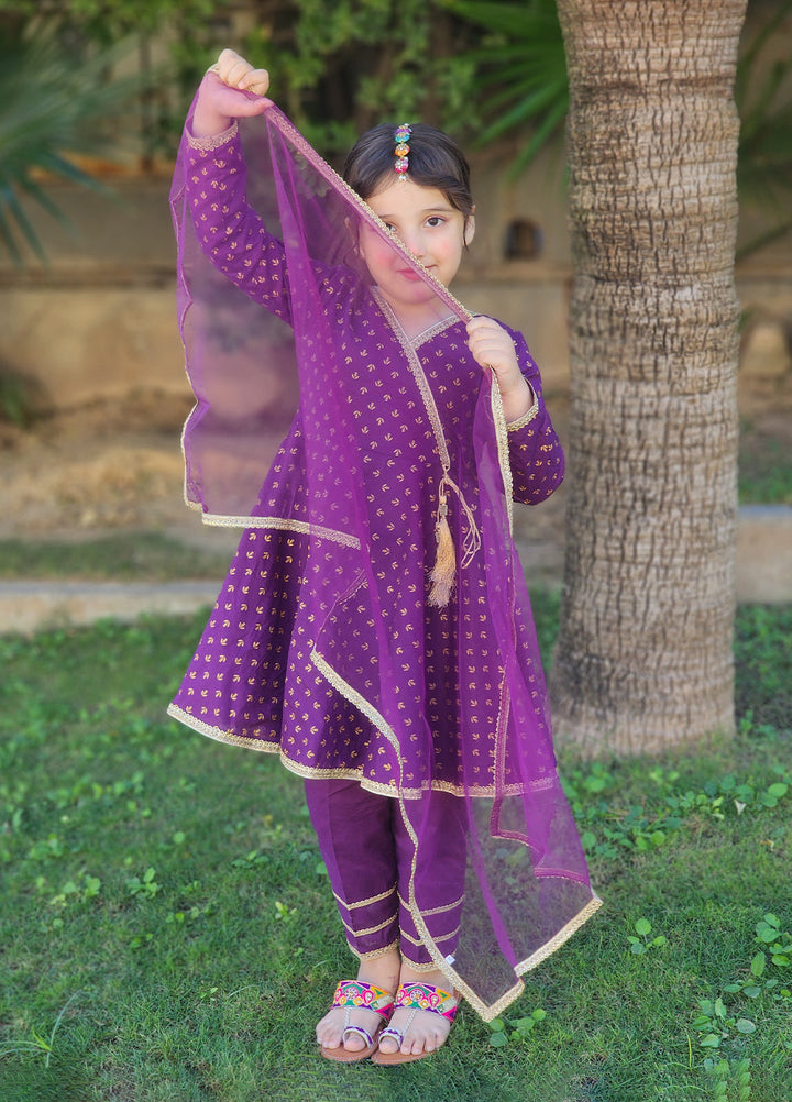 Modest - Printed Cotton Suit For Girl - Purple - 3 Piece