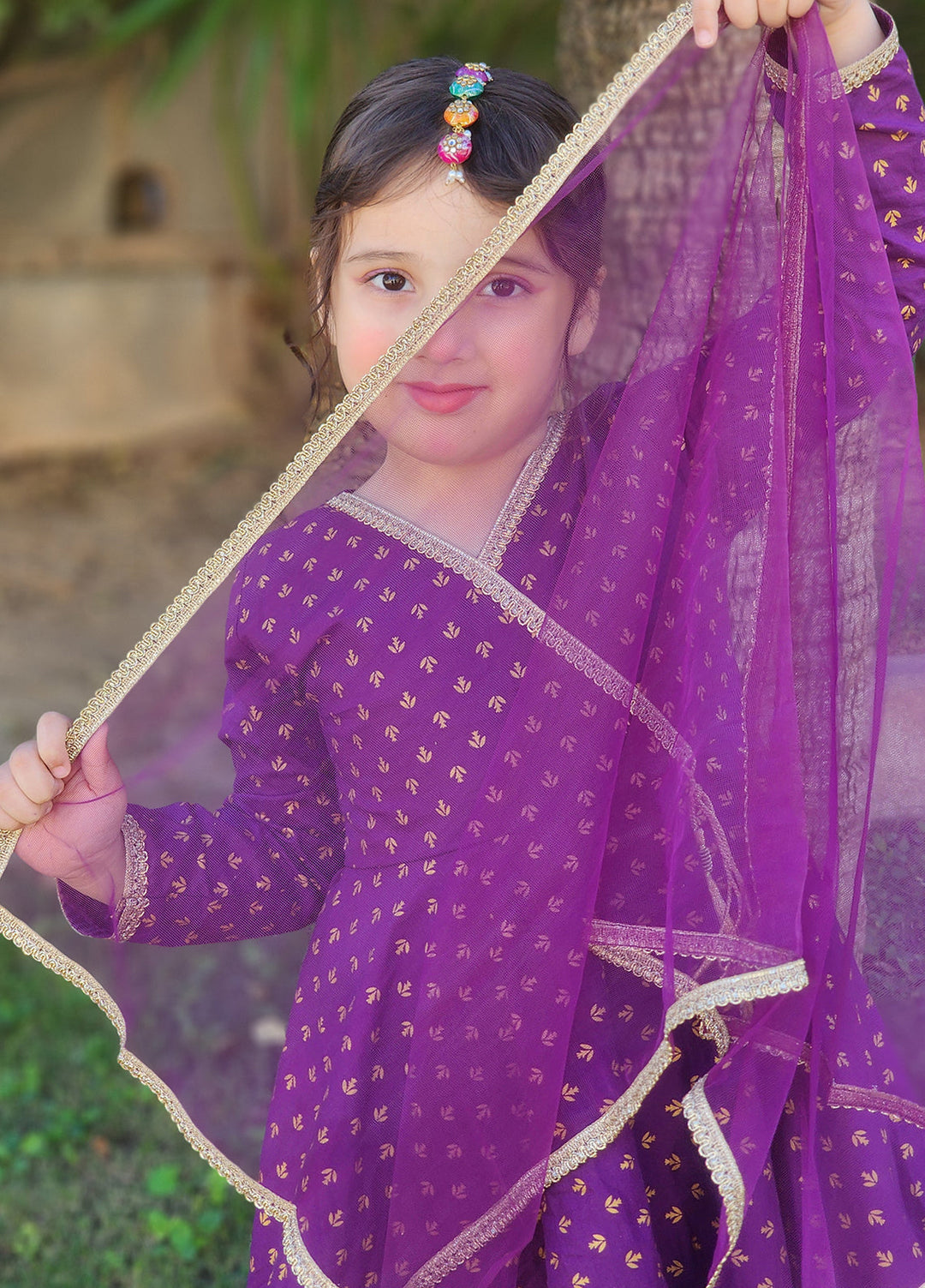 Modest - Printed Cotton Suit For Girl - Purple - 3 Piece