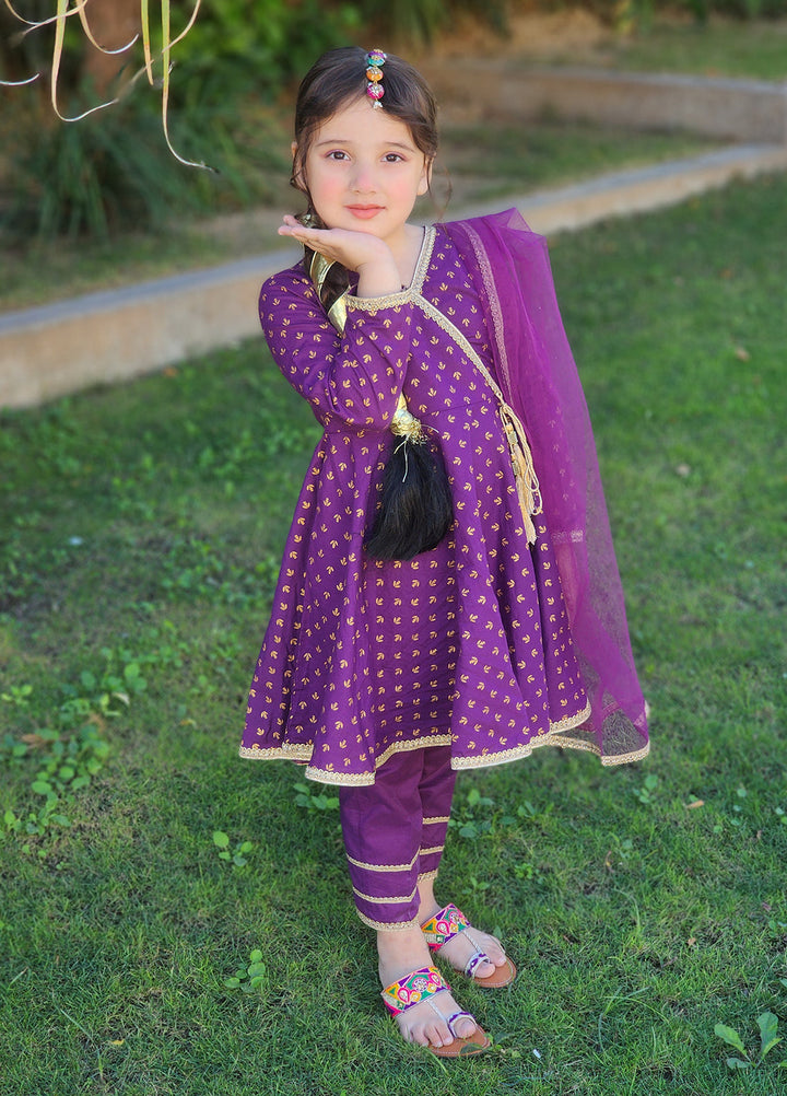 Modest - Printed Cotton Suit For Girl - Purple - 3 Piece