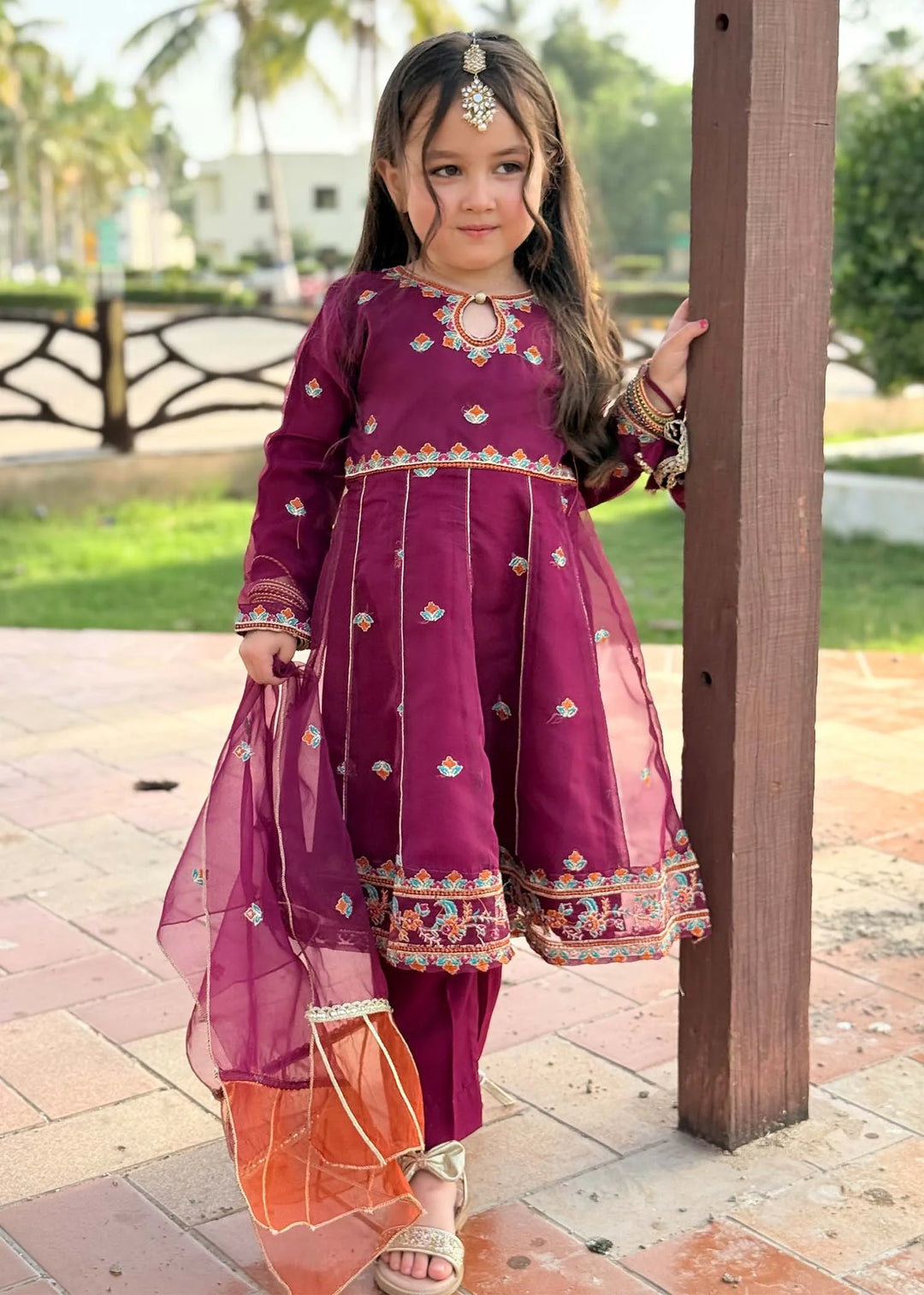 Modest - Organza Embroidered Suit For Girl - Purple - 3 Piece