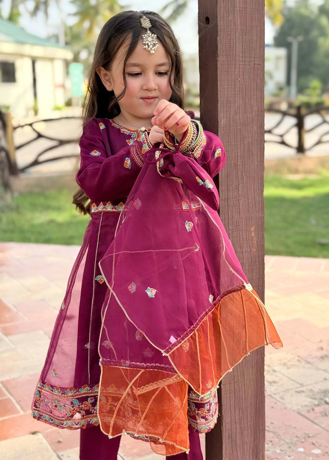 Modest - Organza Embroidered Suit For Girl - Purple - 3 Piece