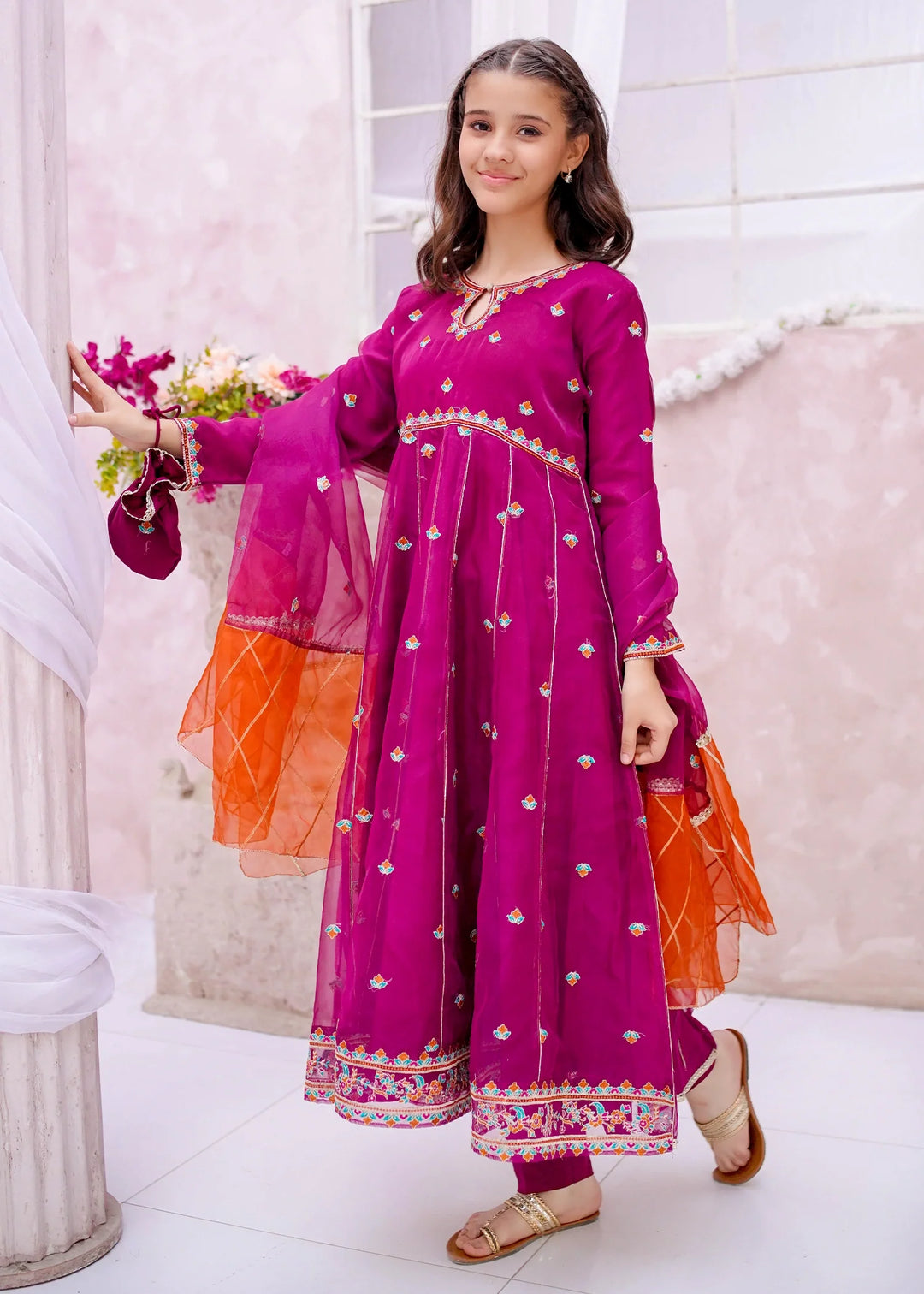 Modest - Organza Embroidered Suit For Girl - Purple - 3 Piece