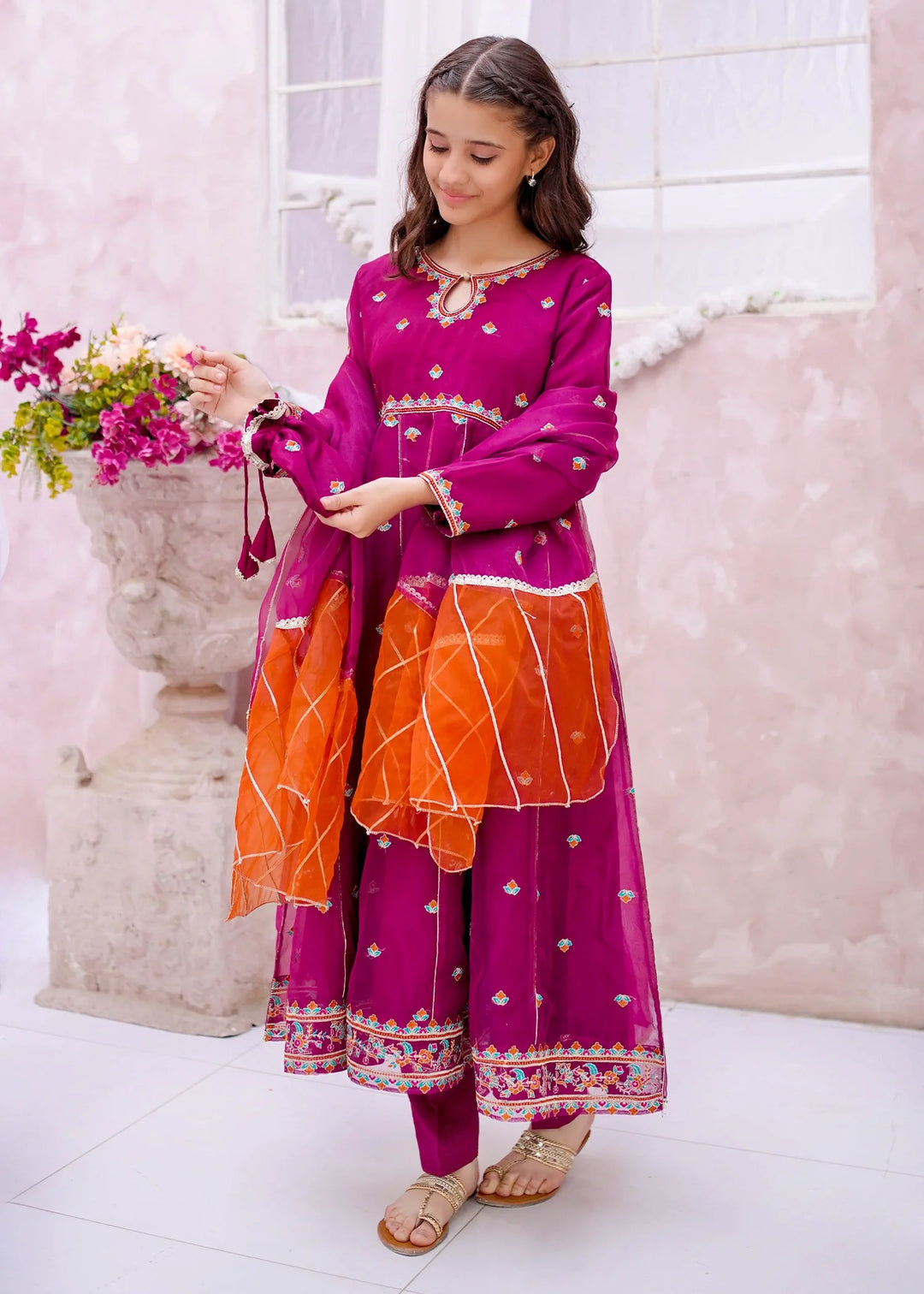 Modest - Organza Embroidered Suit For Girl - Purple - 3 Piece