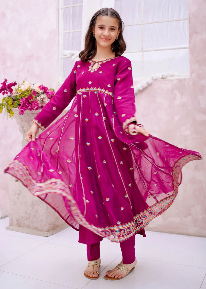 Modest - Organza Embroidered Suit For Girl - Purple - 3 Piece