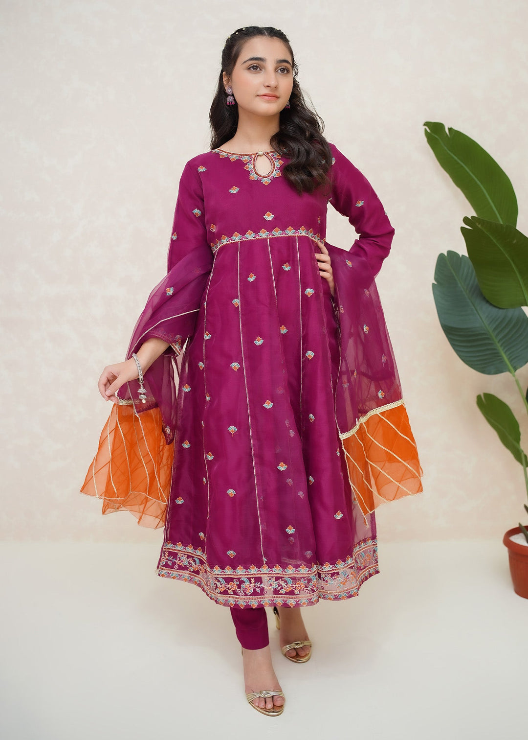 Modest - Organza Embroidered Suit For Girl - Purple - 3 Piece