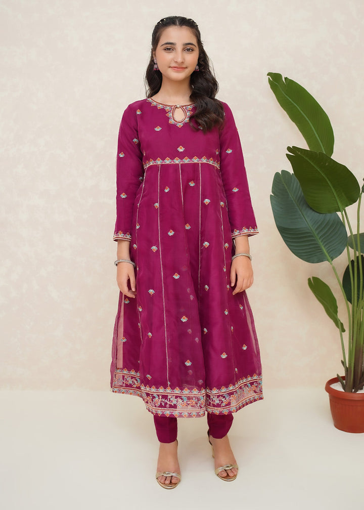 Modest - Organza Embroidered Suit For Girl - Purple - 3 Piece
