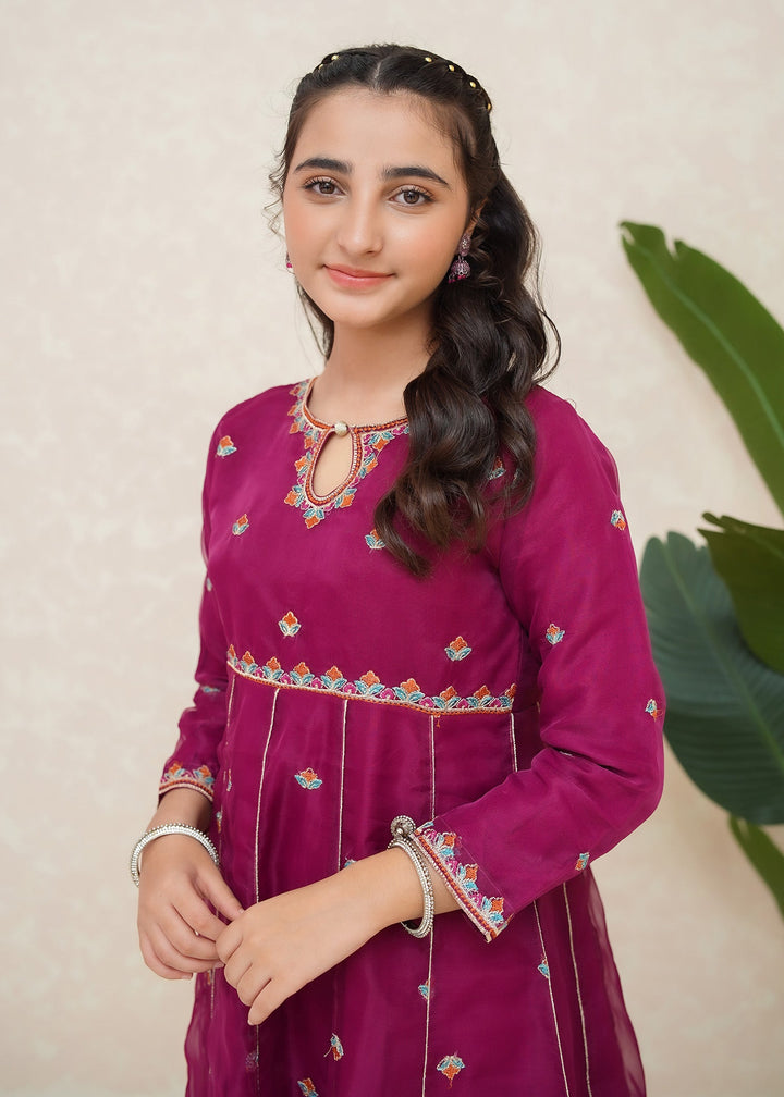 Modest - Organza Embroidered Suit For Girl - Purple - 3 Piece