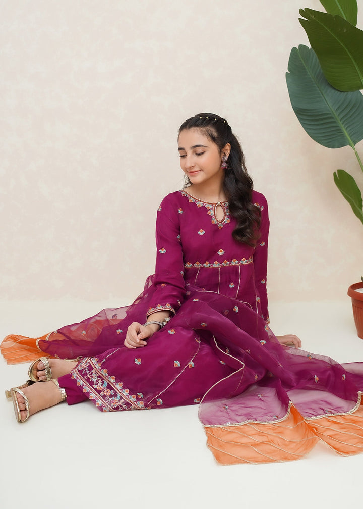 Modest - Organza Embroidered Suit For Girl - Purple - 3 Piece