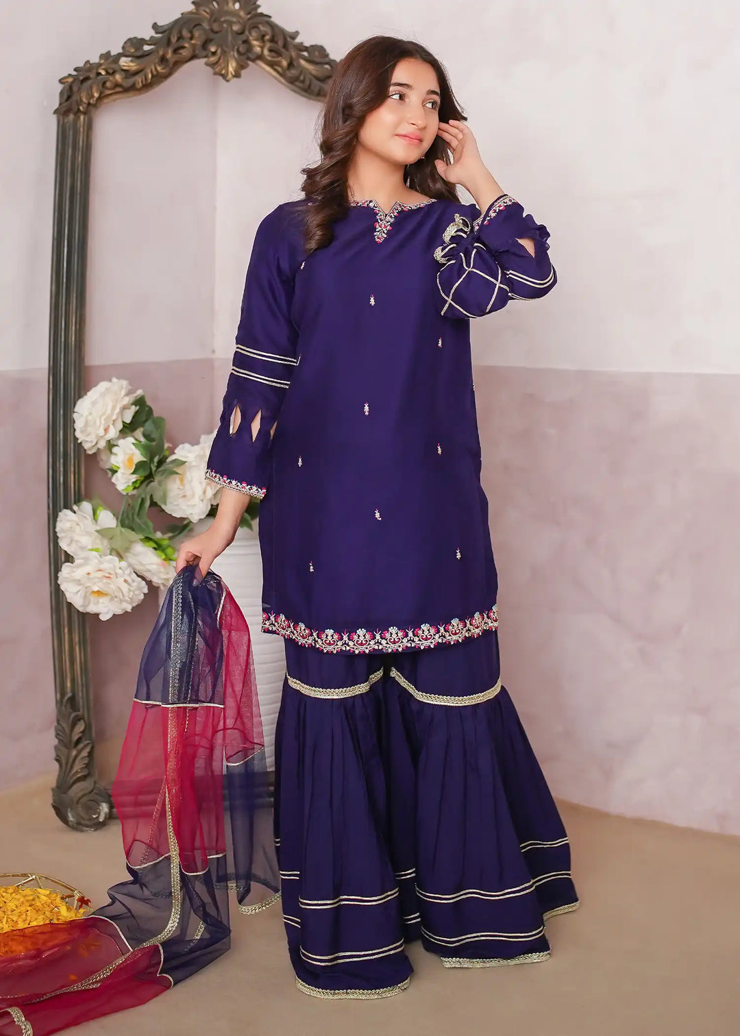 Modest - Chiffon Embroidered Gharara For Girl -  3 Piece