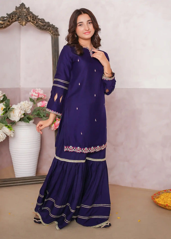 Modest - Chiffon Embroidered Gharara For Girl -  3 Piece