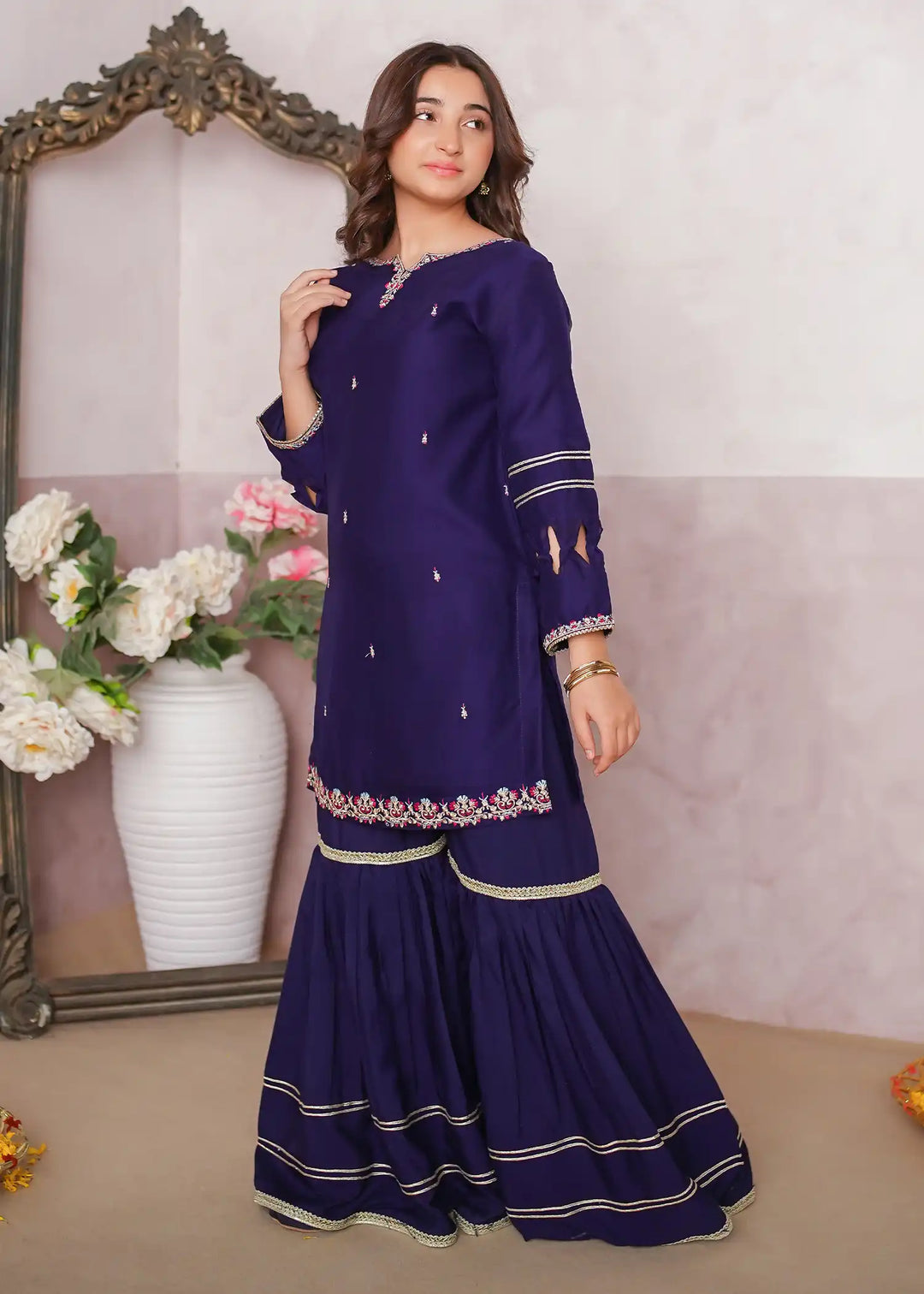 Modest - Chiffon Embroidered Gharara For Girl -  3 Piece