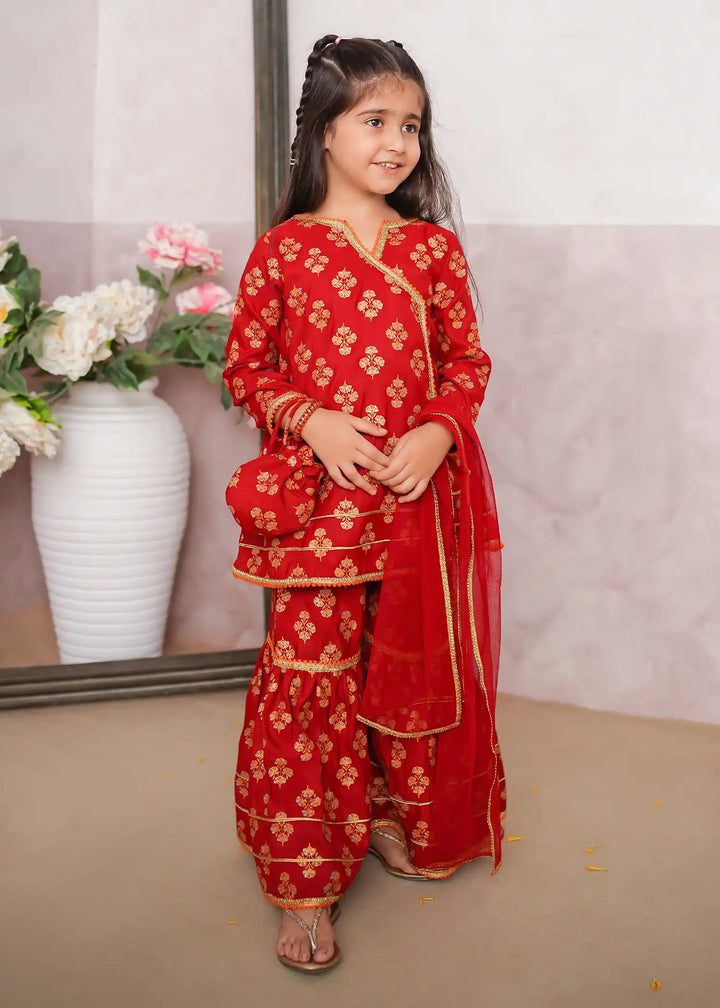 Modest - Rawsilk Printed Gharara For Girl - Red - 3 Piece