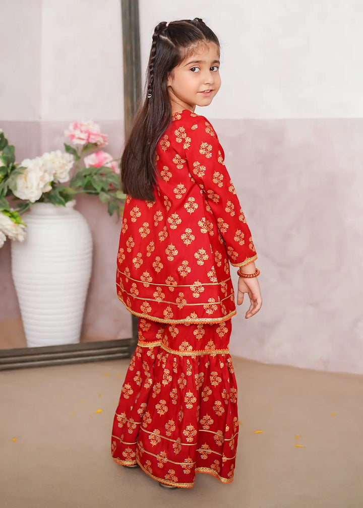Modest - Rawsilk Printed Gharara For Girl - Red - 3 Piece