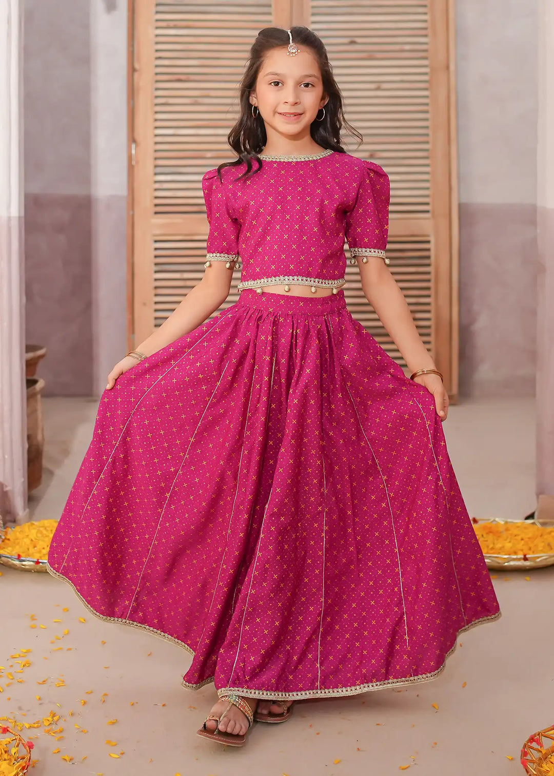 Modest - Rawsilk Printed Lehenga For Girl -  3 Piece